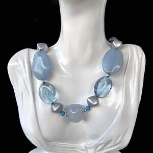 Milky Ice Blue Aquamarine Baroque Acrylic Beaded Necklace